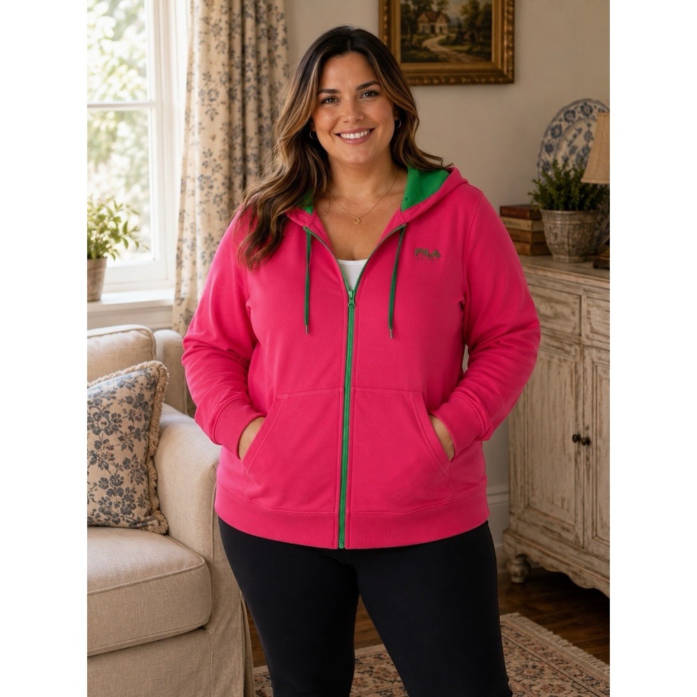 Fila Sport Hooded Sweatshirt Full Zip Neon Pink Green Women Athleisure Gym Y2K